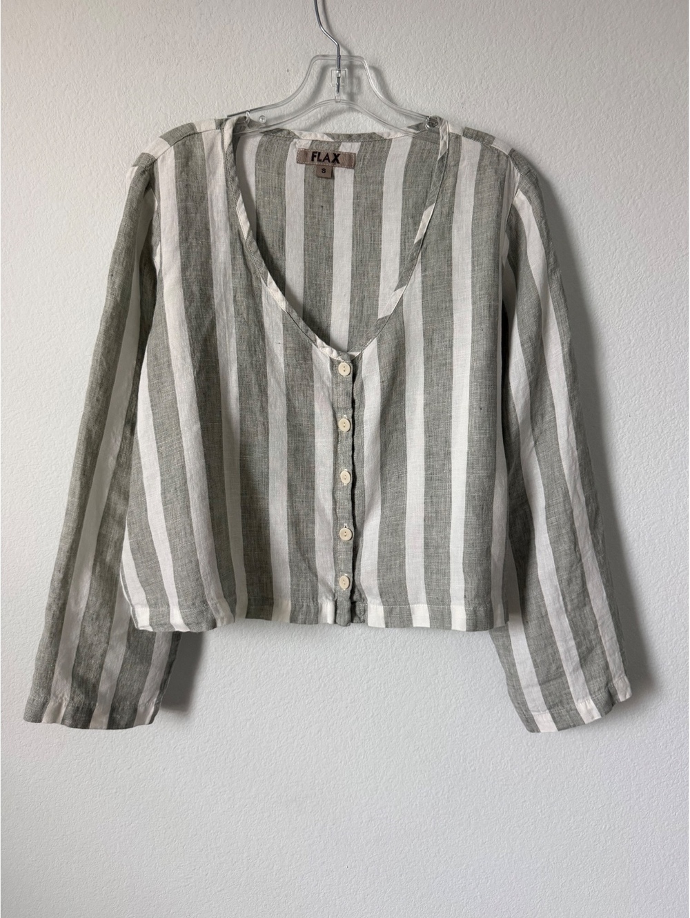 FLAX White/Gray Striped V-Neck Button Up 100% Linen Cropped Blouse Size S